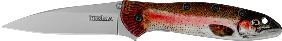Kershaw Leek Trout 1660TROUT 3" Folding Drop Point Plain Bead Blasted 14C28N Steel Blade, Rainbow Trout Aluminum Handle
