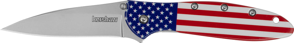 Kershaw Leek USA 1660USA 3" Folding Drop Point Plain Bead Blasted 14C28N Steel Blade, Red White Blue Flag Aluminum Handle