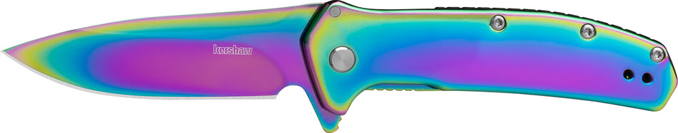Kershaw Outcome 2044RBW 2.80" Folding Drop Point Plain Rainbow PVD 8Cr13MoV SS Blade, Polished Stainless Steel Handle