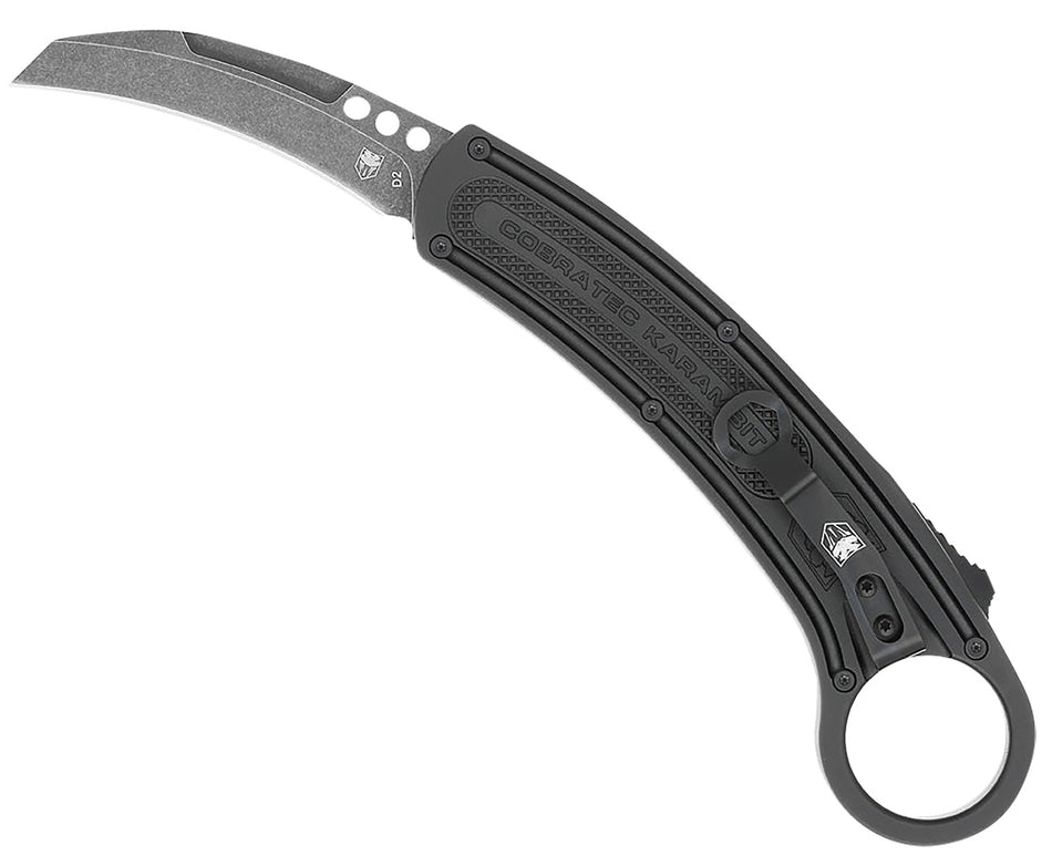CobraTec Karambit Folding Knife 2.75" Stonewashed D2 Blade Black Anodized Aluminum Handle with Finger Ring