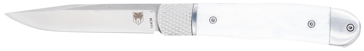 CobraTec Trapper Hidden Release Knife 3.13" Plain 154CM Stainless Steel Blade 4.25" White Abalone Handle