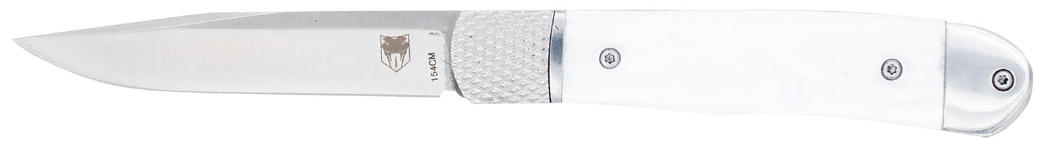 CobraTec Trapper Hidden Release Knife 3.13" Plain 154CM Stainless Steel Blade 4.25" White Abalone Handle