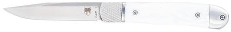 CobraTec Trapper Hidden Release Knife 3.13" Plain 154CM Stainless Steel Blade 4.25" White Abalone Handle