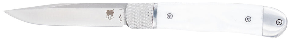 CobraTec Trapper Hidden Release Knife 3.13" Plain 154CM Stainless Steel Blade 4.25" White Abalone Handle