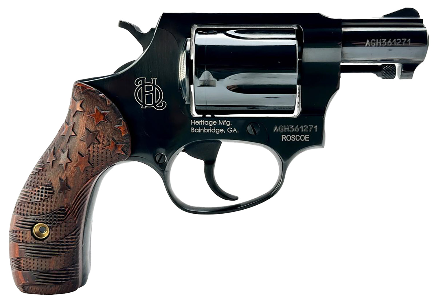 Heritage Mfg HR38B3-US1 Roscoe Small 38 Special +P 5 Shot 3" Black Polished Alloy Steel Barrel, Cylinder & Frame, Custom Designed Wood Grip w/Stars & Stripes, Transfer Bar Safety, Exposed Hammer
