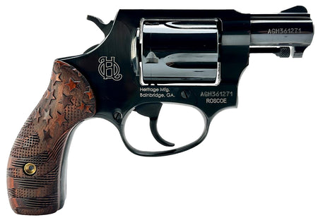 Heritage Mfg HR38B3-US1 Roscoe Small 38 Special +P 5 Shot 3" Black Polished Alloy Steel Barrel, Cylinder & Frame, Custom Designed Wood Grip w/Stars & Stripes, Transfer Bar Safety, Exposed Hammer