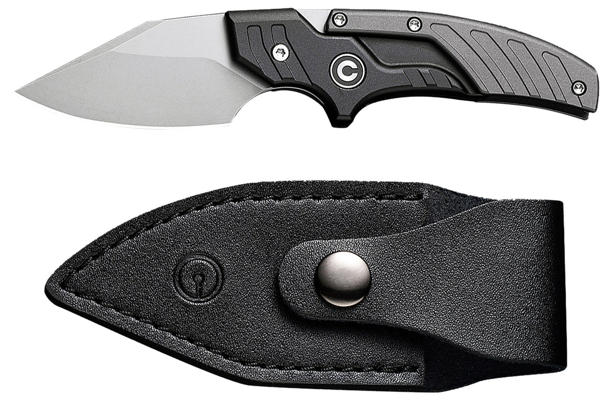 Civivi C21036-3 Typhoeus Adjustable Fixed Knife 2.27" Stonewashed 14C28N Blade, Black/Gray Aluminum Handle w/ Leather Sheath