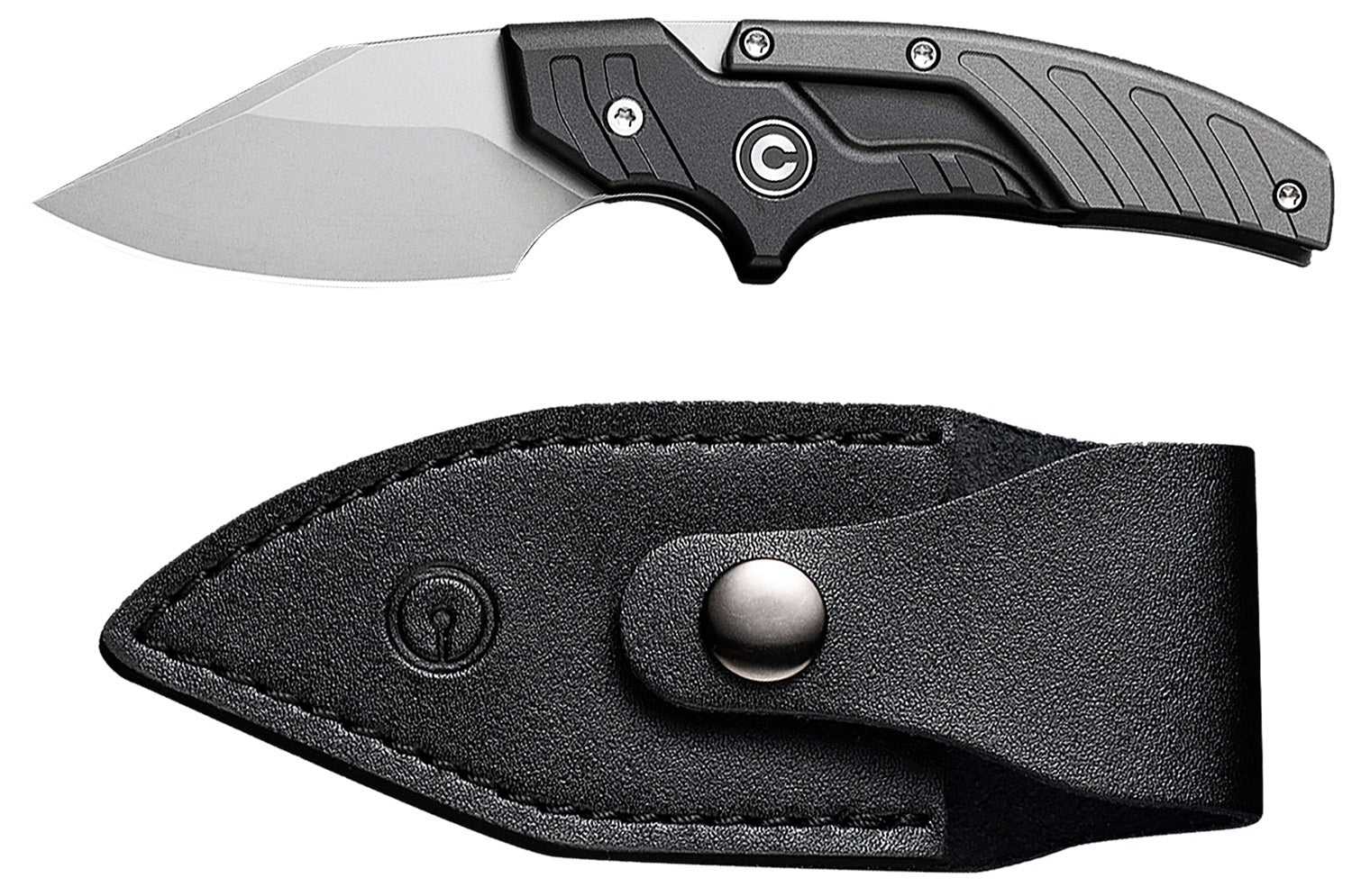 Civivi C21036-3 Typhoeus Adjustable Fixed Knife 2.27" Stonewashed 14C28N Blade, Black/Gray Aluminum Handle w/ Leather Sheath