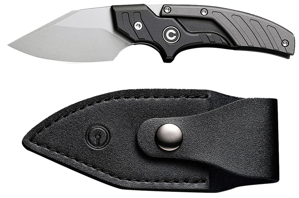 Civivi C21036-3 Typhoeus Adjustable Fixed Knife 2.27" Stonewashed 14C28N Blade, Black/Gray Aluminum Handle w/ Leather Sheath