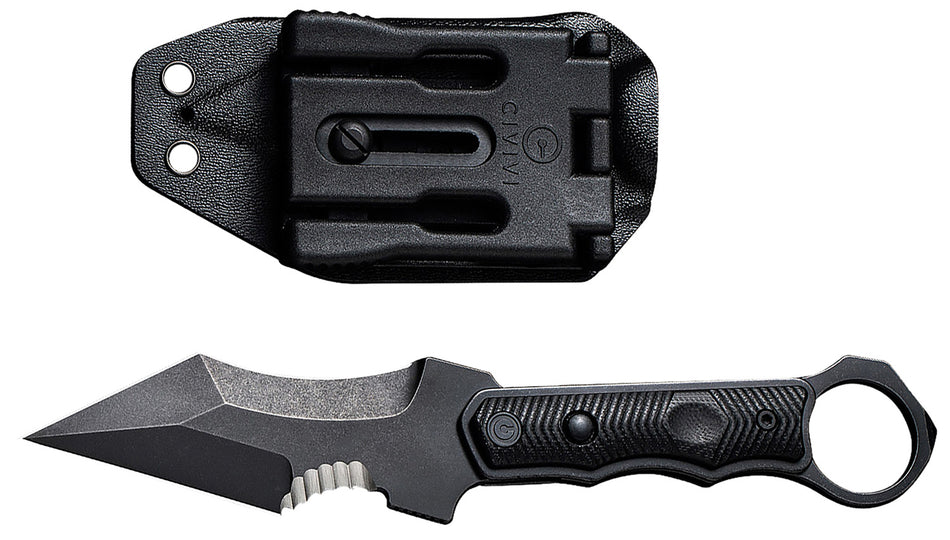 Civivi Orthrus Fixed Knife 3.76" Karambit/Straight Black Stonewashed Nitro-V Steel, Black Finger Ring G10 Handle