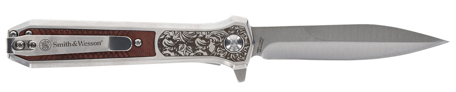 Smith & Wesson Unwavered 1205011 3.50" Folding Knife Single Edge Dagger Stonewashed 8Cr13MoV SS Blade Rosewood/SS Handle