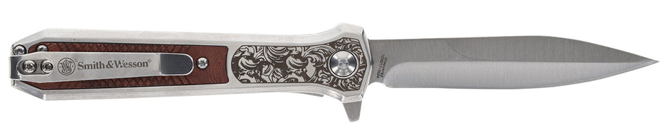 Smith & Wesson Unwavered 1205011 3.50" Folding Knife Single Edge Dagger Stonewashed 8Cr13MoV SS Blade Rosewood/SS Handle