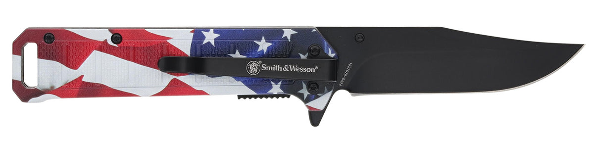 S&W Knives 1227078 America's Heroes 3.40" Folder Black Oxide Stainless Blade 4.50" US Flag Handle Includes Bullet Knife and Tin