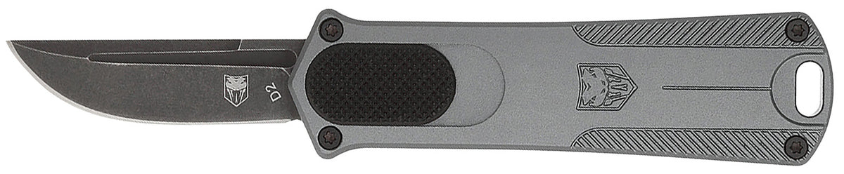 CobraTec California 952 OTF Knife CA Compliant 1.75" Drop Point D2 Steel Blade Gray Anodized Aluminum Handle