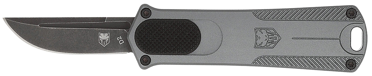 CobraTec California 952 OTF Knife CA Compliant 1.75" Drop Point D2 Steel Blade Gray Anodized Aluminum Handle
