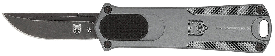 CobraTec California 952 OTF Knife CA Compliant 1.75" Drop Point D2 Steel Blade Gray Anodized Aluminum Handle