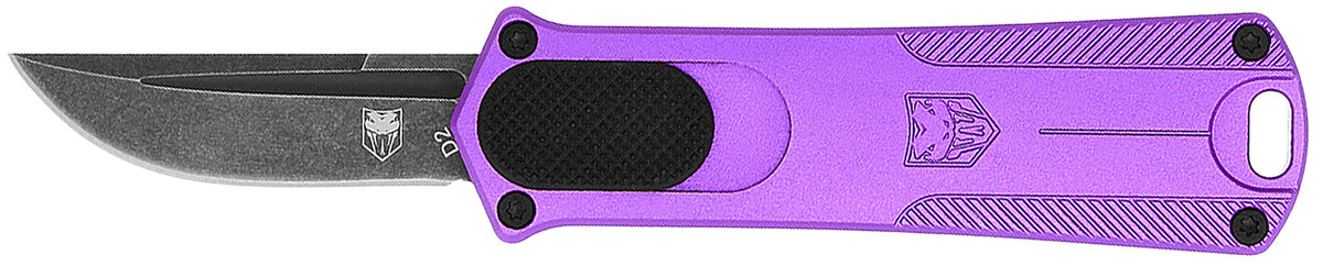 CobraTec California 952 OTF Knife CA Compliant 1.75" Drop Point D2 Steel Blade Purple Anodized Aluminum Handle