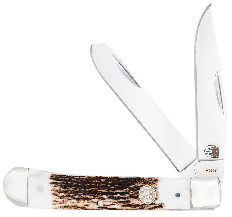 CobraTec Knives CTTDTRPSTAG Trapper Folding Polished VG-10 Clip Point & Spey Blades, 4.44" Genuine Stag Bone Scales Handle