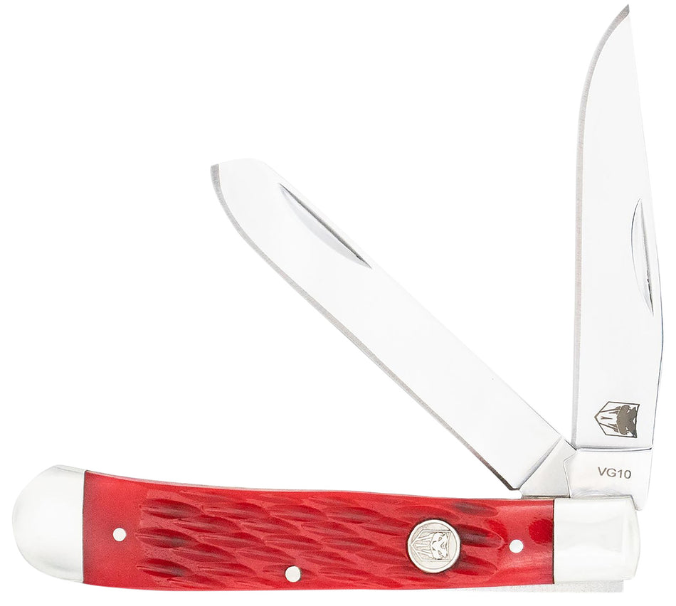 CobraTec Knives CTTDTRPREDBN Trapper Folding Polished VG-10 Clip Point & Spey Blades, 4.44" Red Bone Scales Handle