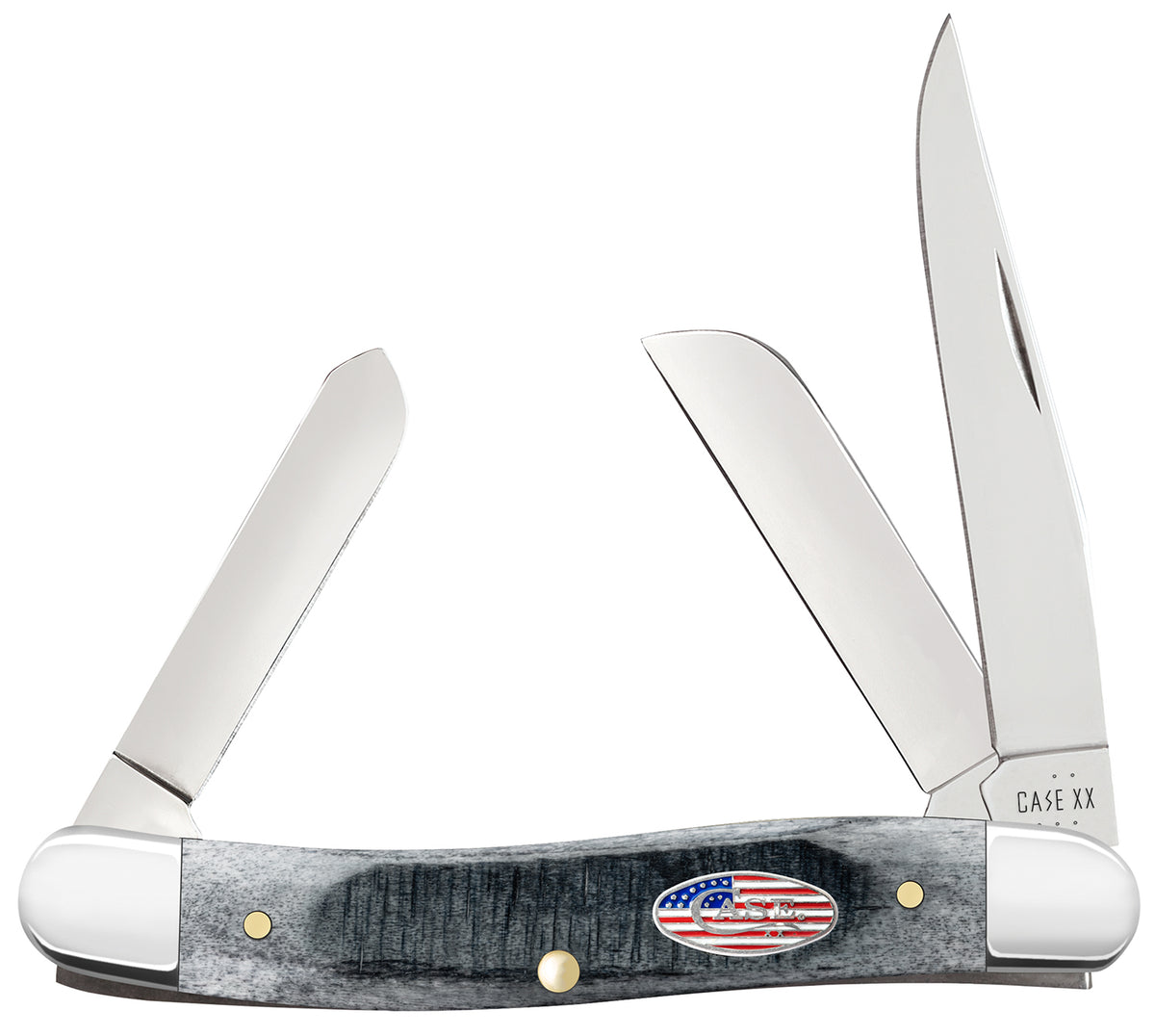 Case 53061 Stars & Stripes Stockman Medium 3-Blade Pocket Knife, Mirror Polish Tru-Sharp Stainless, Gray Bone Handle