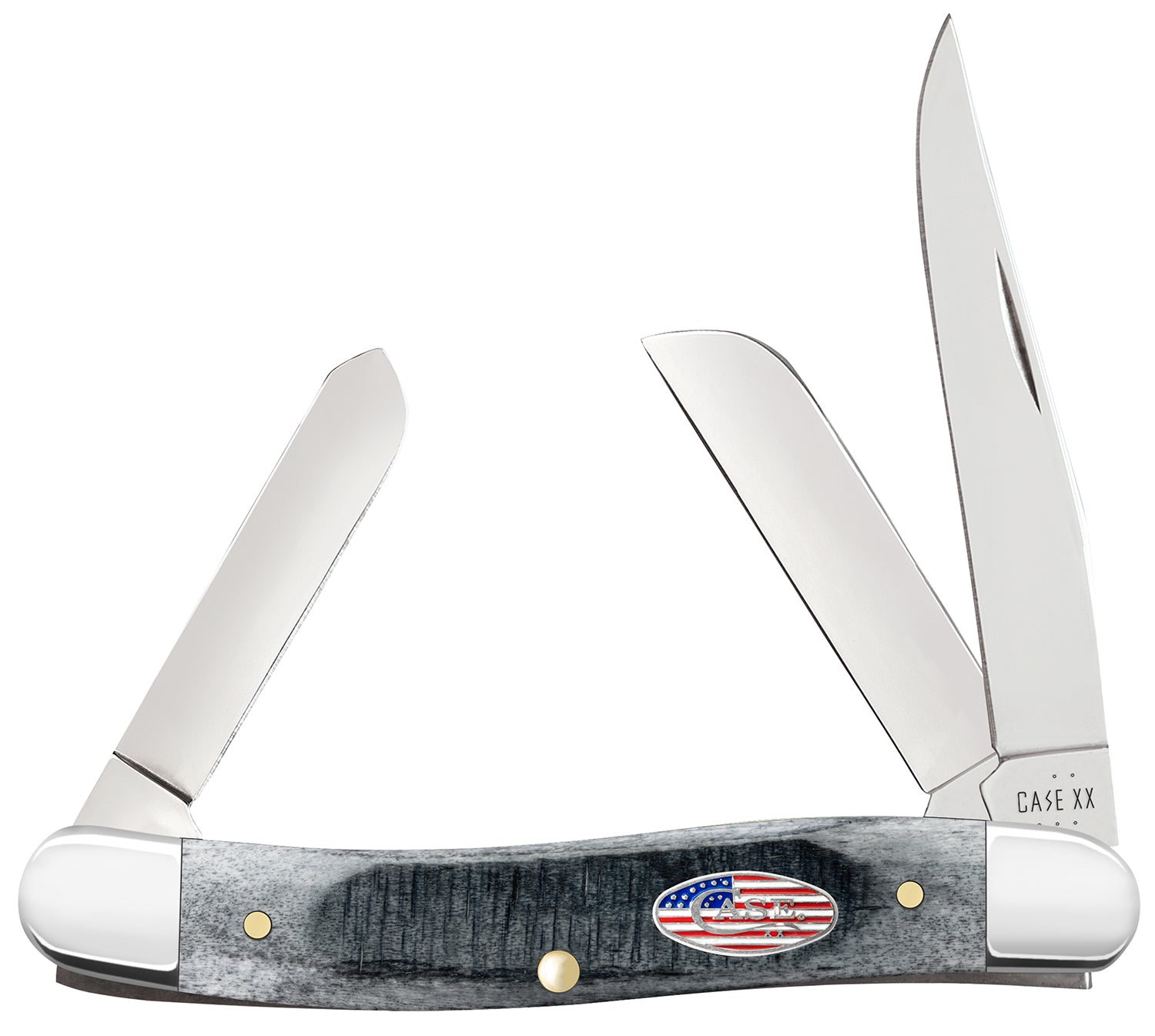 Case 53061 Stars & Stripes Stockman Medium 3-Blade Pocket Knife, Mirror Polish Tru-Sharp Stainless, Gray Bone Handle