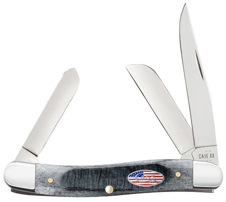 Case 53061 Stars & Stripes Stockman Medium 3-Blade Pocket Knife, Mirror Polish Tru-Sharp Stainless, Gray Bone Handle