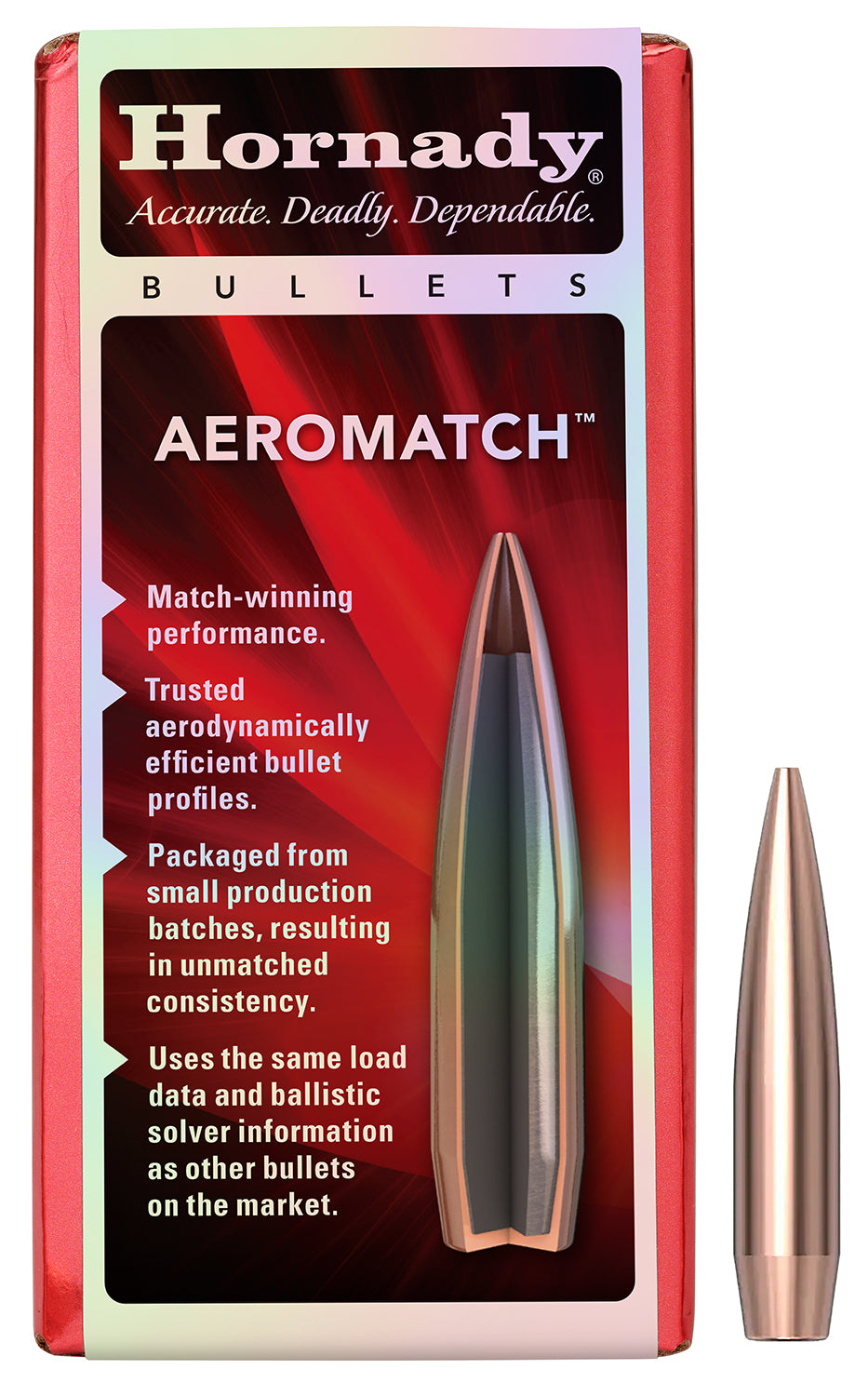 Hornady 30Cal 168gr Aeromatch Hollow Point Boat Tail Match Bullets 100 Per Box