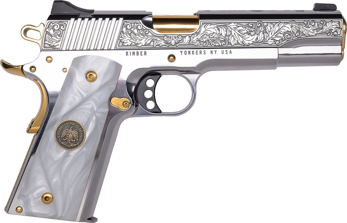 CNC Firearms Kimber 1911 Patria .38 Super 9+1 Pistol, Gold PVD Barrel, Engraved Stainless Slide, Pearl Grips