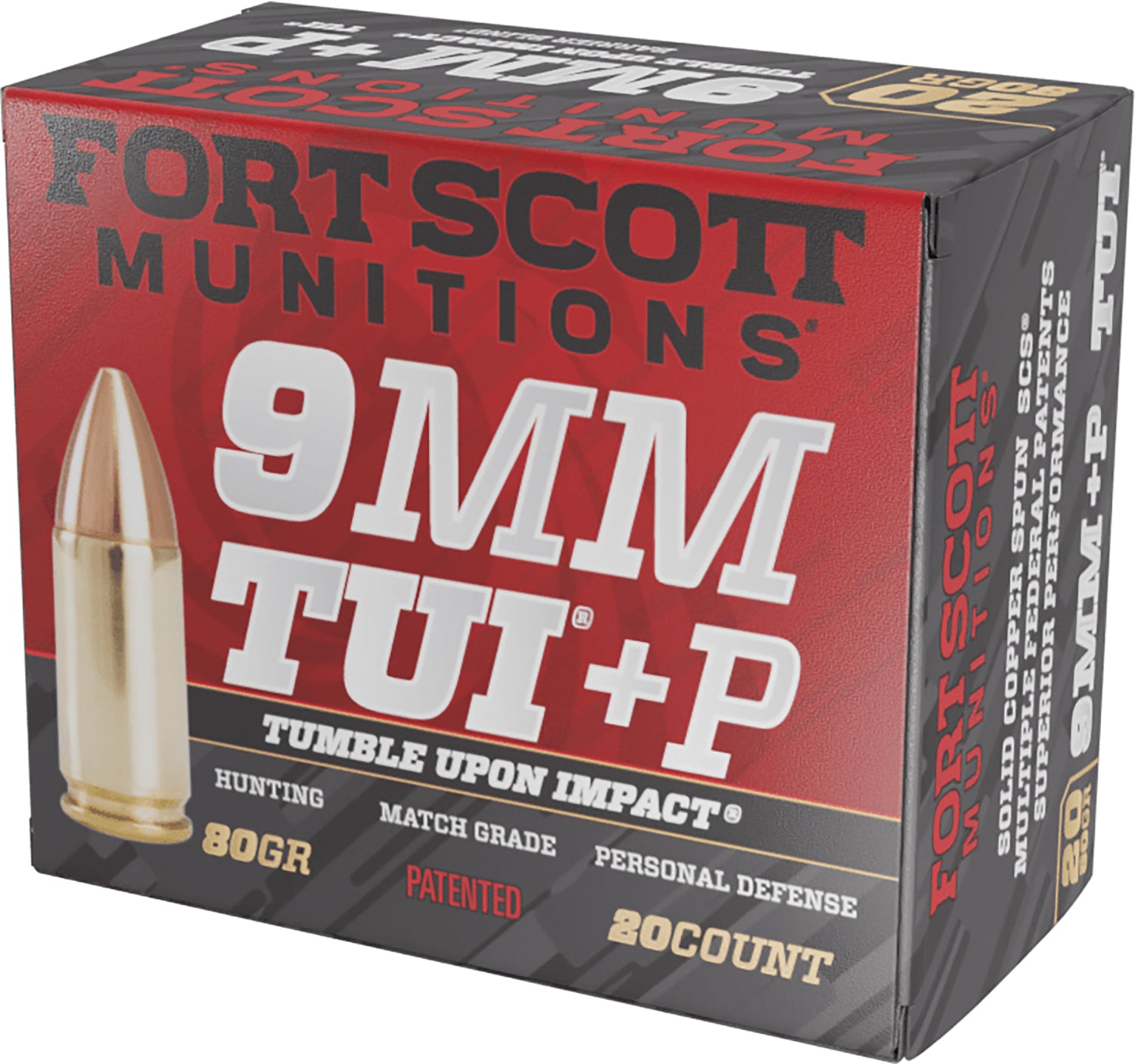 Fort Scott Munitions 9mm Luger / Parabellum Handgun Ammo Tumble Upon Impact (TUI) +P Solid Copper Spun Solid 80 grain 