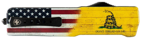 Templar Knife Premium Lightweight Don't Tread On Me Small OTF 3" Drop Point Stonewashed D2 Yellow Flag Handle