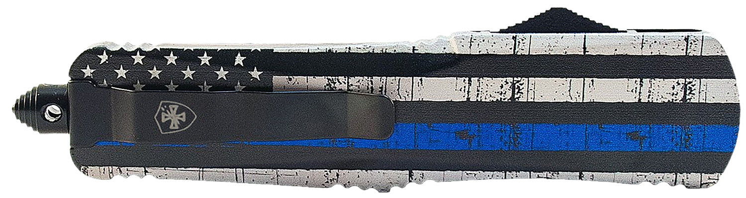 Templar Knife Gen II Back The Blue Small OTF 2.75" Drop Point Stonewashed 440C SS Blue Line US Flag Handle