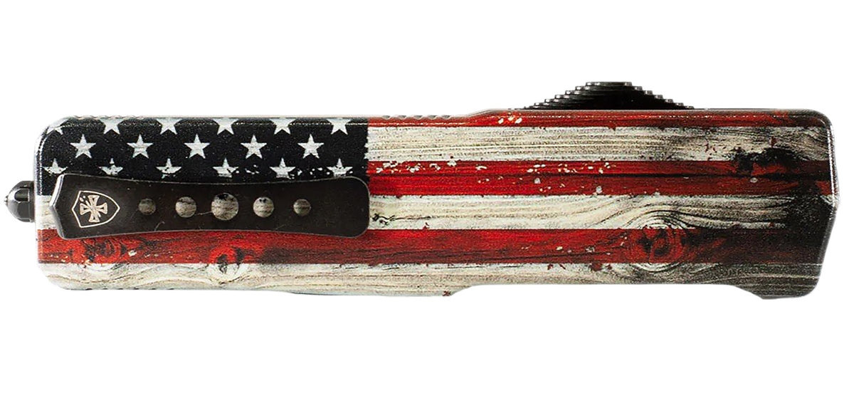 Templar Knife Premium Weighted US Flag Slim 3" OTF Tanto Partly Serrated Stonewashed D2 Steel Blade, 4.50" Wood Grain Aluminum Zinc Alloy Handle