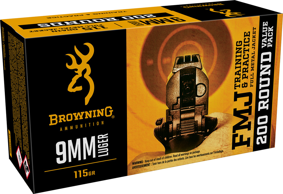 Browning 9mm Luger / Parabellum Handgun Ammo Training & Practice Value Pack Full Metal Jacket FMJ 115 grain 