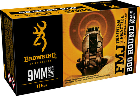 Browning 9mm Luger / Parabellum Handgun Ammo Training & Practice Value Pack Full Metal Jacket FMJ 115 grain 