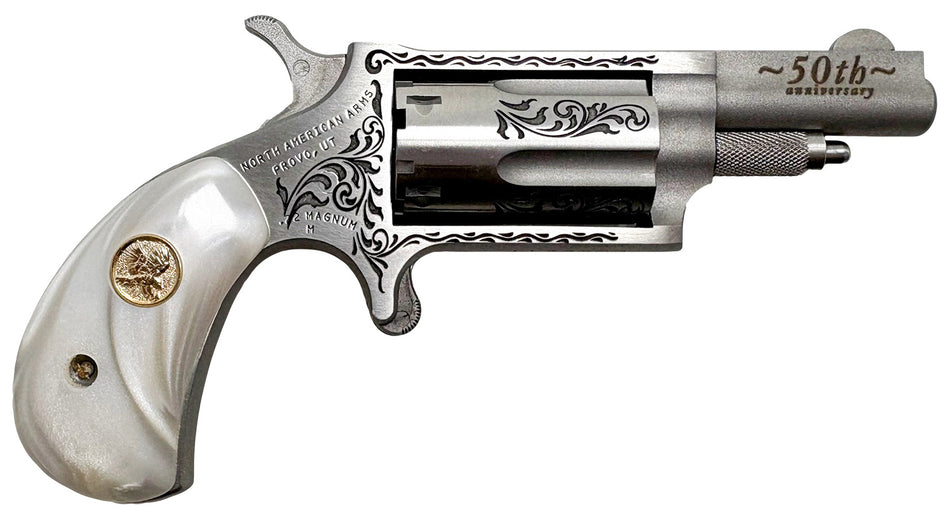 NAA 50th Anniversary .22 Mag 5-Shot Revolver, 1.63" Matte Stainless, Scroll Engraving, White Pearl Grip