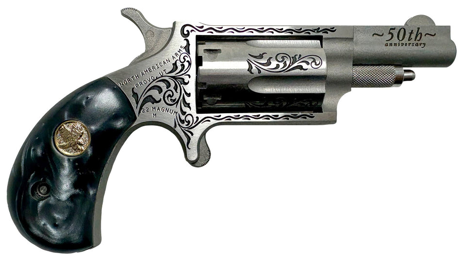 NAA 50th Anniversary .22 Mag 5-Shot Revolver, 1.63" Matte Stainless, Scroll Engraving, Black Pearl Grip