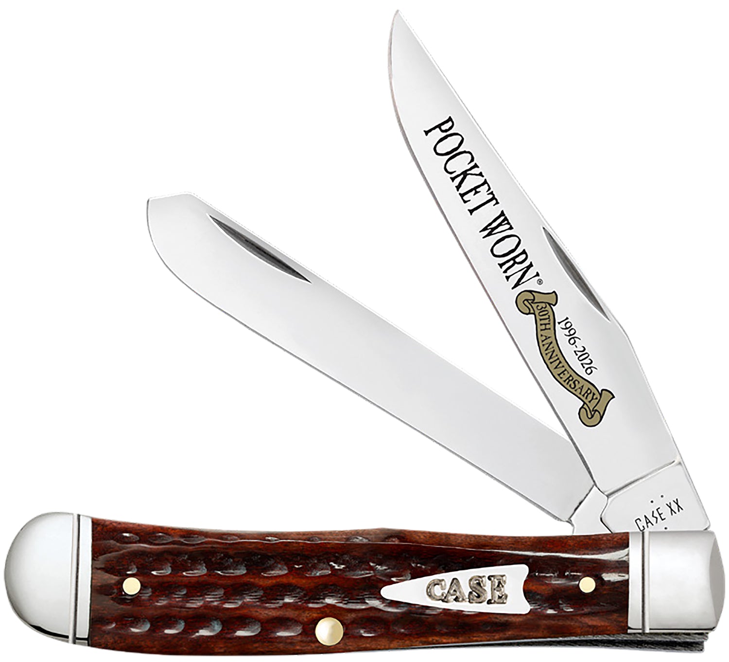 Case 55230 Pocket Worn Trapper Folding Pocket Knife, Mirror Polished SS Clip and Spey Blades, Corn Cob Jigged Mahogany Bone Handle