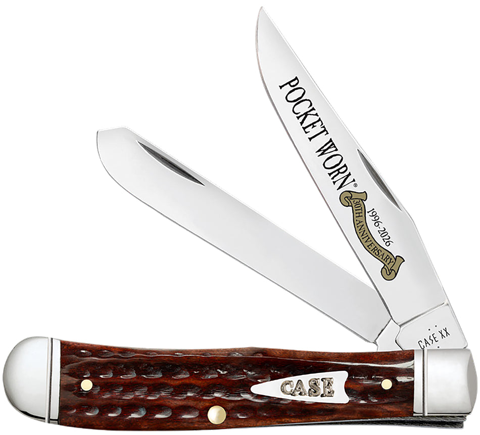 Case 55230 Pocket Worn Trapper Folding Pocket Knife, Mirror Polished SS Clip and Spey Blades, Corn Cob Jigged Mahogany Bone Handle