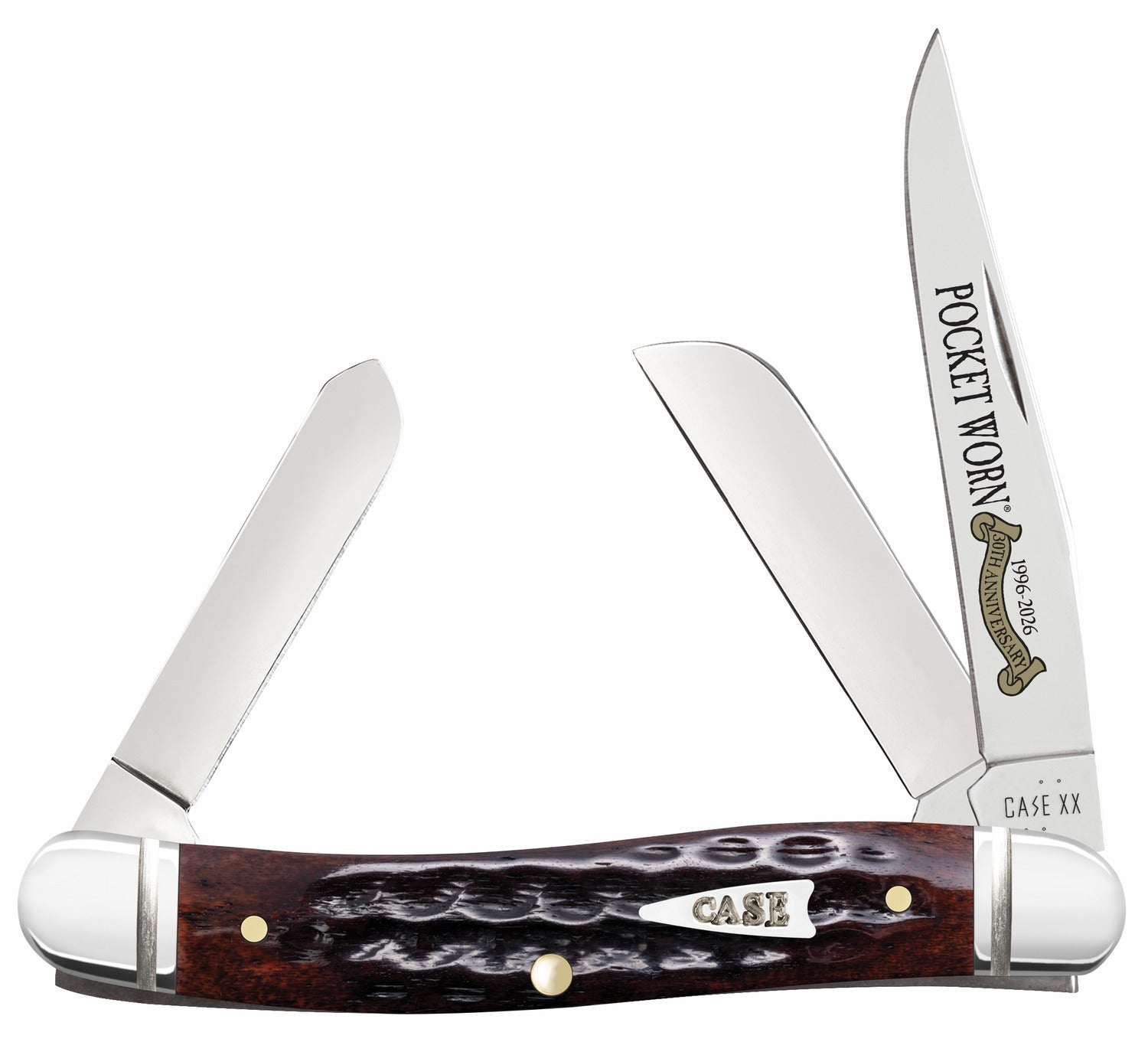 Case 55232 Pocket Worn Medium Stockman Folding Pocket Knife, Plain SS Blades, Corn Cob Jigged Mahogany Bone Handle