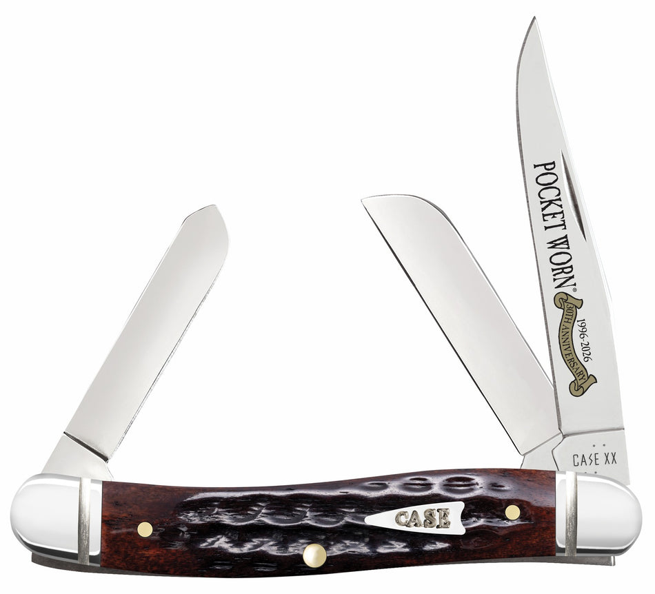 Case 55232 Pocket Worn Medium Stockman Folding Pocket Knife, Plain SS Blades, Corn Cob Jigged Mahogany Bone Handle