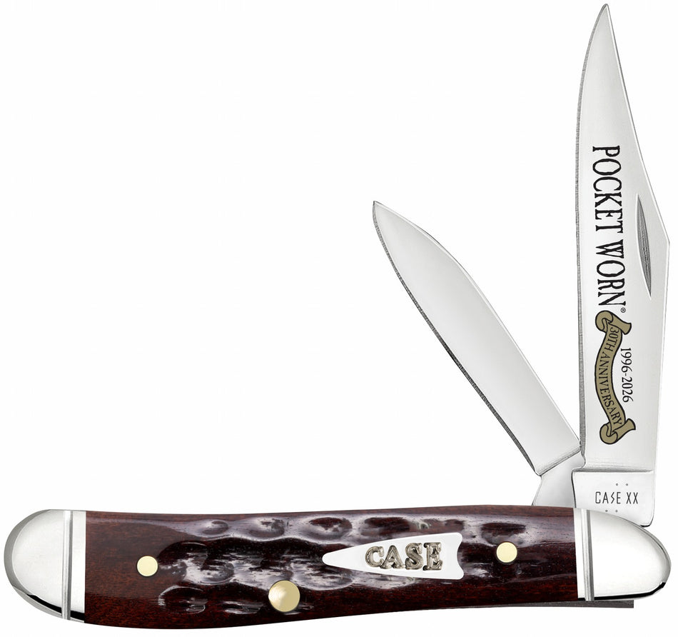 Case 55234 Pocket Worn Peanut Folding Pocket Knife, Plain SS Clip and Pen Blades, Jigged Mahogany Bone Handle