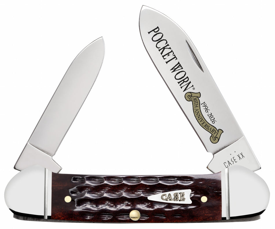 Case 55235 Pocket Worn Canoe Folding Pocket Knife, Plain SS Pen and Spear Blades, Jigged Mahogany Bone Handle