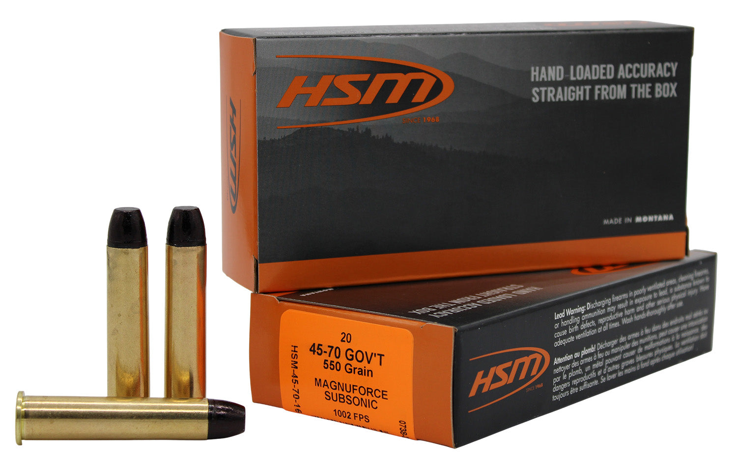 HSM .45-70 Government Rifle Ammo  Hard Cast Lead Flat Nose Solid 550 grain 
