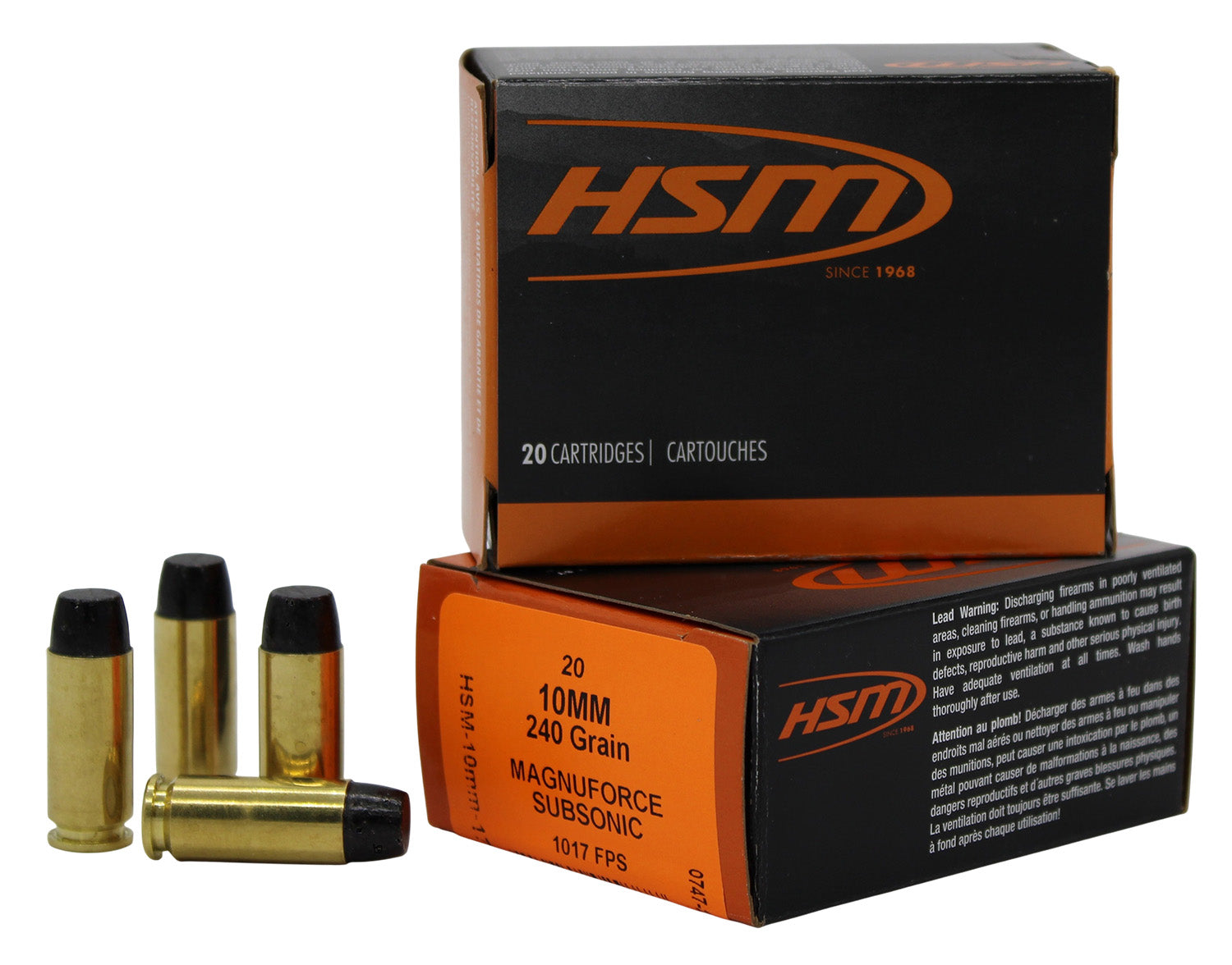 HSM 10mm Auto Handgun Ammo  Hard Cast Lead Flat Nose Solid 240 grain 