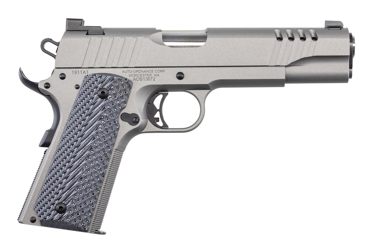 Auto-Ordnance 1911TCAC6 1911 A1 45 ACP 7+1 5" Savage Silver Cerakoate, Serrated/Ported Slide, Black Rubber Grips, Fixed 3-Dot Combat Day Sights