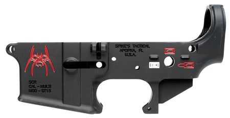 Spikes STLS019CFA Spider Stripped AR-15 Lower Receiver - Multi-Caliber 7075-T6 Aluminum, Black Anodized w/ Color Fill