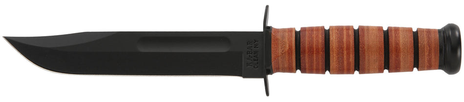 Ka-Bar USMC Fighting Utility Knife 1217, 7" Plain Black 1095 Clip Point, Brown Leather Handle, Includes Sheath