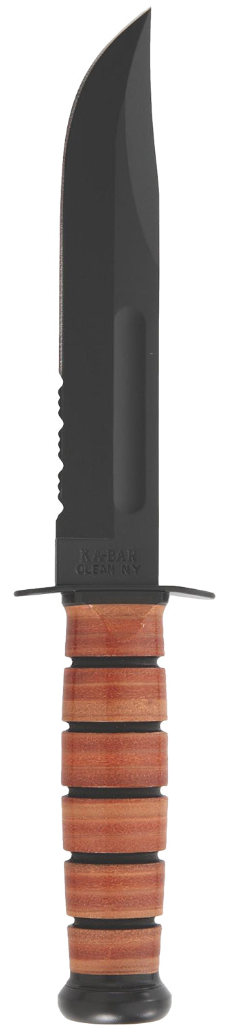 Ka-Bar USMC Fighting Utility Knife 1218, 7" Part Serrated Black 1095 Clip Point, Brown Leather Handle, Includes Sheath