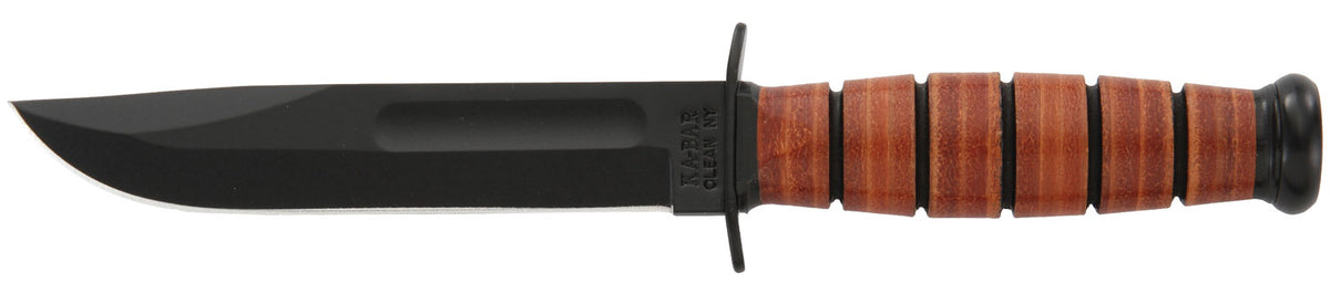 Ka-Bar Short USMC Knife 1250, 5.25" Plain Black 1095 Clip Point Fixed Blade, Brown Leather Handle, Includes Sheath