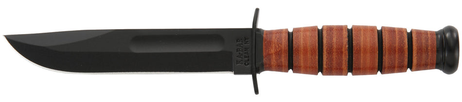 Ka-Bar Short USMC Knife 1250, 5.25" Plain Black 1095 Clip Point Fixed Blade, Brown Leather Handle, Includes Sheath